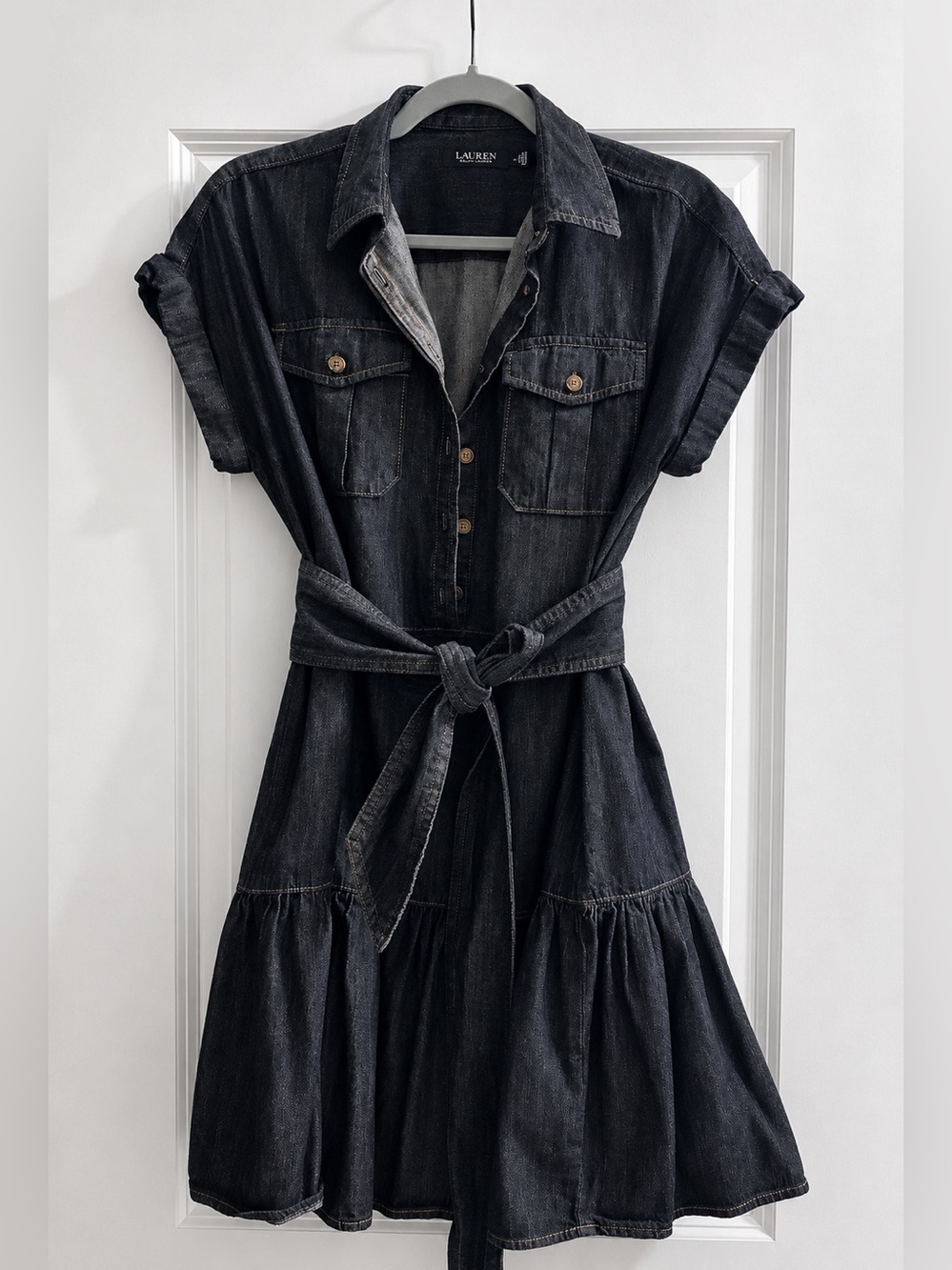 Ralph Lauren Christée Shirt Dress Nightfall Denim Tiered Short Sleeve Women’s 6P